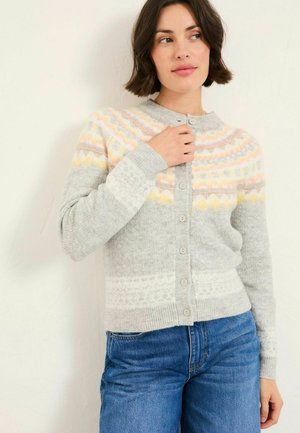 Gray cardigan with pastel patterned accents in pink and yellow. Features button front, ribbed cuffs, and a relaxed fit.