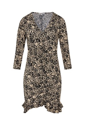 Beige og sort blomsterprint slå-om-kjole med lange ærmer, V-halsudskæring, rynket forside og flæsekant med asymmetrisk fald.