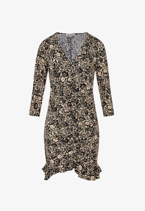 Beige og sort blomsterprint slå-om-kjole med lange ærmer, V-halsudskæring, rynket forside og flæsekant med asymmetrisk fald.