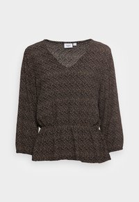 Blusa peplum preta com mangas longas, decote em V e padrão de bolinhas em creme. Tecido leve com uma textura subtil, adequada para camadas.