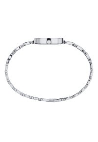 Sølvfarvet armbåndsur med en rund urskive og et kædedesign. Har en lille krone på bezellet og en poleret metaloverflade.