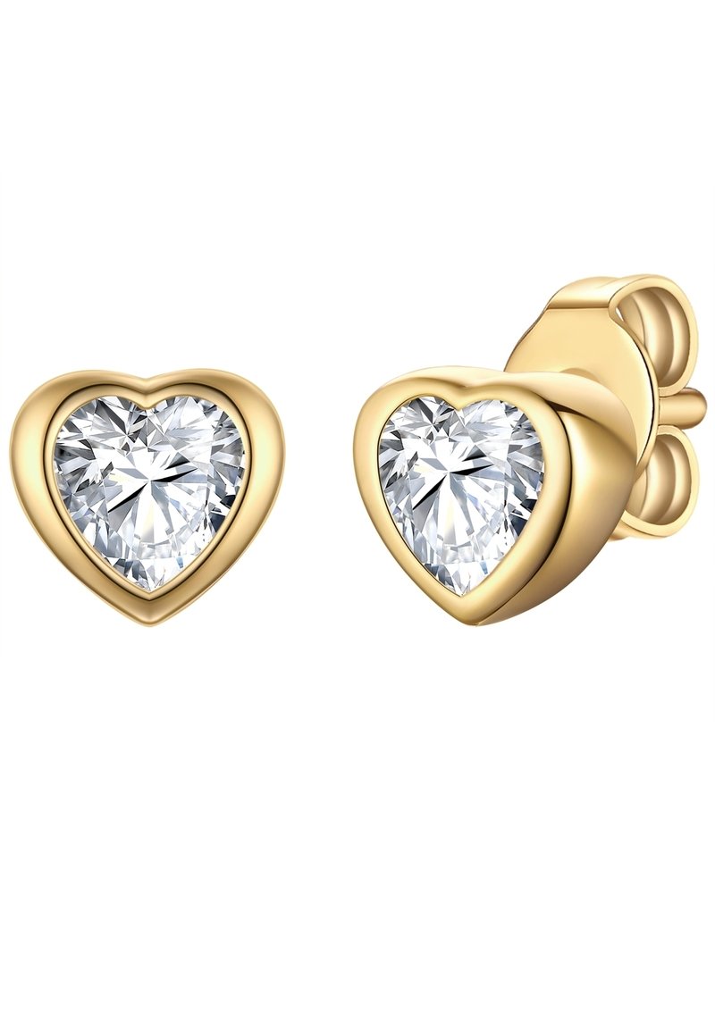Auksinės širdelės formos stud auskarai su skaidriais, žvilgančiais kubiniais zirconiais, tvirtinamais briaunomis. Glotnus paviršius, kompaktiškas dizainas.