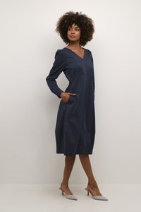 Tumesinine, pikkade varrukatega kleit V-kaelusega, küljetaskudega ja kogutud õlgadega. Kantud sädelevate kontsadega. Sile tekstuur.