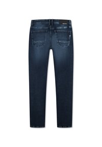 Donker indigo jeans, slim fit, medium rise met vijf zakken, zichtbare stiksels en een merklabel nabij de tailleband. Soepele denimstructuur.