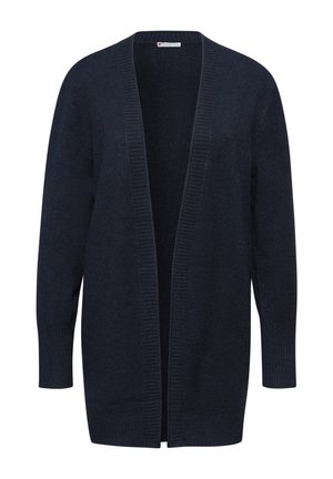 Granatowy kardigan wykonany z miękkiego dzianiny, charakteryzujący się luźnym krojem, długimi rękawami oraz otwartym przodem z prążkowanymi detalami.