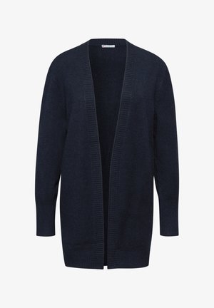 Cardigan blu navy realizzato in morbido tessuto a maglia, con una vestibilità ampia, maniche lunghe e apertura anteriore con dettagli a coste.