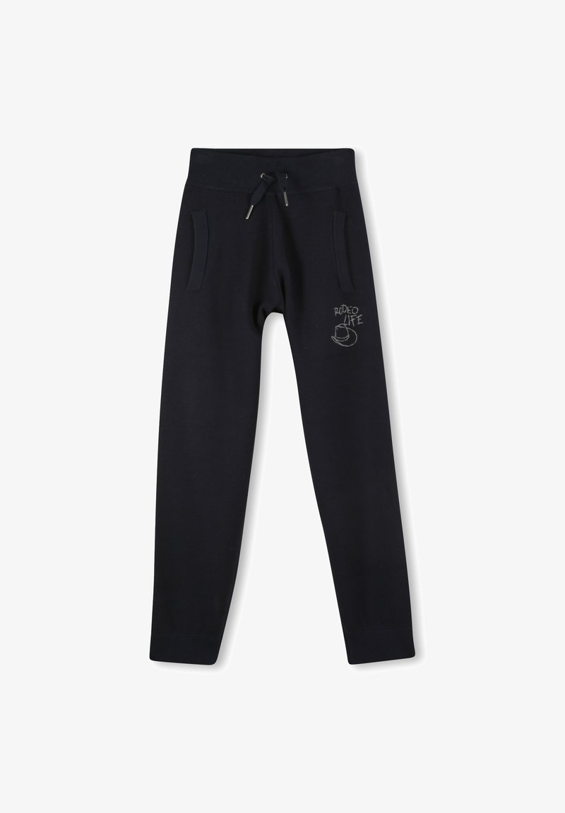 Zwarte sweatpants met een trekkoord in de taille, twee zijzakken en de tekst "Rodeo Life" met een cowboyhoed graphic op de linker bovenbeen.