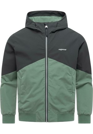 Tweekleurige groene en donkergrijze capuchonjas met ritssluiting aan de voorkant en Ragwear-logo op de borst, elastische boorden en zoom.
