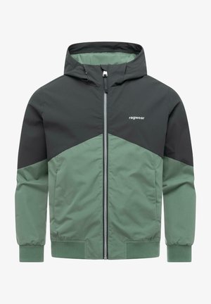 Dwukolorowa zielono-ciemnoszara kurtka z kapturem, zamkiem z przodu i logo Ragwear na piersi, z elastycznymi mankietami i dołem.