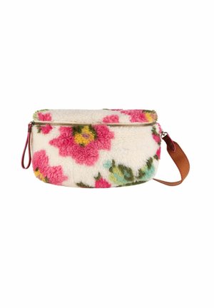 Sac à motif floral en matériau blanc duveteux, avec des accents roses, jaunes et verts, et une bandoulière marron avec une fermeture éclair.