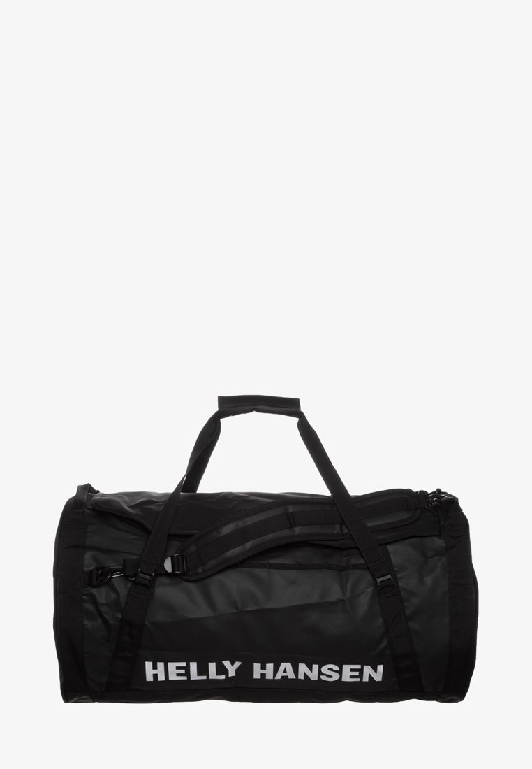 Czarna torba sportowa z podwójnymi uchwytami, paskiem na ramię i białym logo "HELLY HANSEN" z przodu. Wykonana z trwałego materiału wodoodpornego.