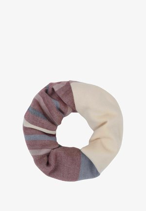 Häkelstrumpf in maroon, creme und blauen Streifen. Weiche Textur mit einem elastischen Design für sicheren Halt. Rundform.