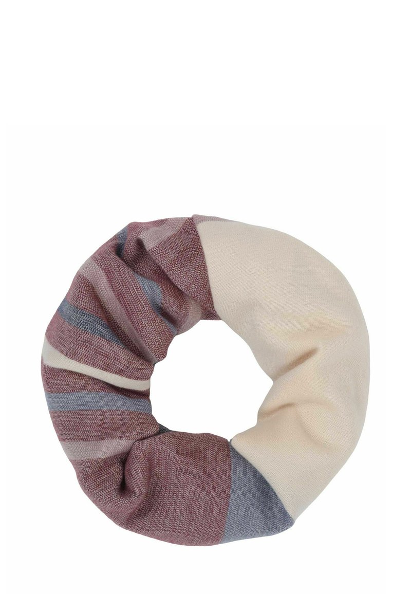 Knitted scrunchie in maroon, cream, and blue stripes. Soft texture with an elasticated design for secure wear. Circular shape.