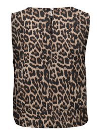 Top sans manches avec motif léopard marron et noir et petite fermeture à bouton au niveau de l'encolure arrière.