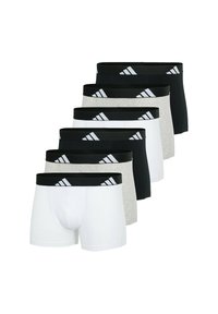 Sex boxershorts i svart, grått och vitt; mjukt tyg med elastiska midjeband som har en svart och vit Adidas-logotyp.