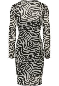 Robe bodycon à manches longues avec motif abstrait à rayures zèbre noir et blanc, silhouette ajustée et col montant.