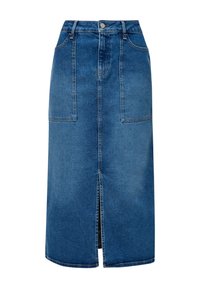 Tmavě modrá džínová midi sukně s předními kapsami, centrálním rozparkem a klasickým pasem s knoflíkovým zapínáním.