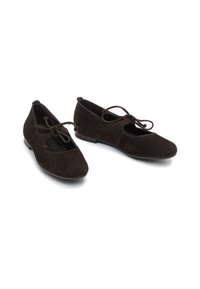 Zapatos planos de ante marrón con un diseño recortado, una punta delgada y un detalle de lazo en el tobillo. Suela plana, textura suave y estética minimalista.