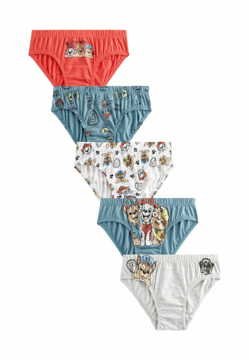 Set di cinque mutandine per bambini con design di cani dei cartoni animati. I colori includono corallo, blu, bianco e grigio. Tessuto morbido con cinture elastiche.