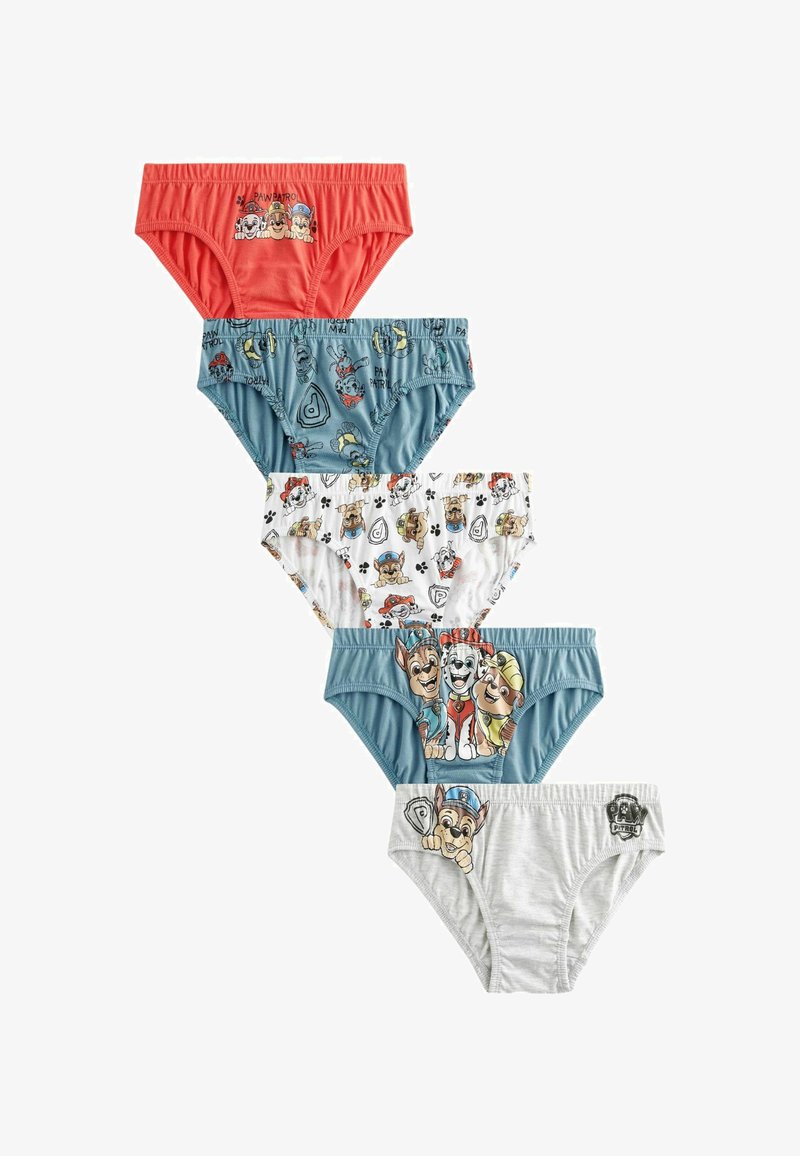 Set di cinque mutandine per bambini con design di cani dei cartoni animati. I colori includono corallo, blu, bianco e grigio. Tessuto morbido con cinture elastiche.