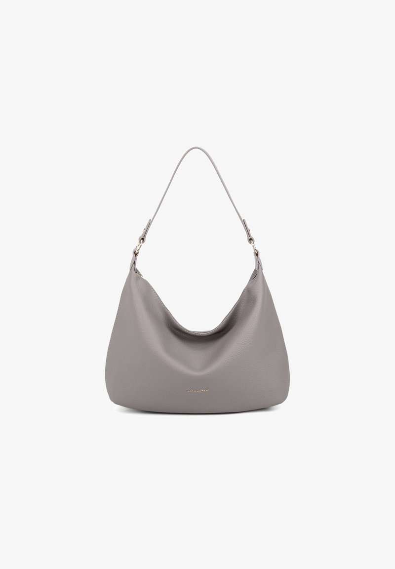 Sac hobo en cuir gris avec un dessus arrondi et une seule sangle. Fini texturé et détail de logo en métal discret à l'avant. Intérieur lisse.