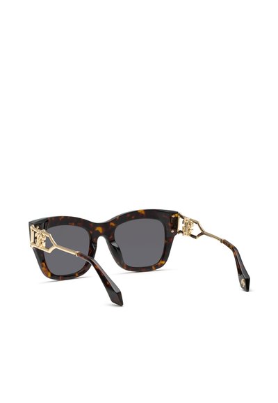 Lunettes de soleil à motif écaille avec verres foncés et branches décoratives dorées ornées d'un emblème détaillé.