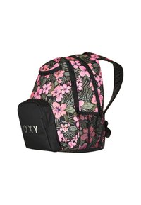 Floral-patterned backpack featuring pink flowers on a dark background, black front pocket with "ROXY" logo, adjustable straps, and mesh side pocket.