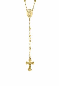 Il rosario in tonalità oro presenta un centro ovale decorativo e un crocifisso dettagliato. La catena include perline rotonde e un design di croce ornato.