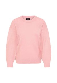 Rosa stickad tröja med rund halsringning, texturerade sidor och långa ärmar. Materialet har en mjuk yta och en avslappnad passform.