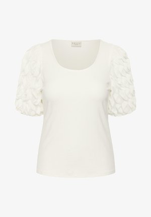 White short-sleeve top with puffed, textured sleeves and a scoop neckline.