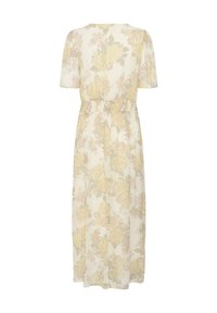 Robe midi crème à manches courtes avec imprimé floral jaune pâle, taille froncée et tissu léger et fluide vue de dos.