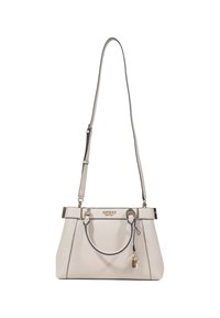 Sac à main beige en simili cuir avec quincaillerie en argent, poignées doubles, sangle ajustable et un petit cadenas décoratif.