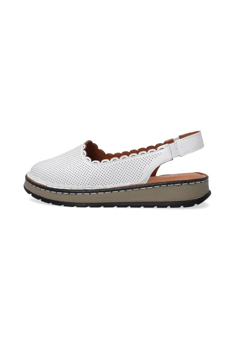 White perforated leather slingback shoe with scalloped edges, brown insole, and a thick rubber outsole with a textured design.