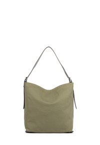Borsa a tracolla in tessuto verde oliva con una parte superiore morbida e curvata, una tracolla singola eamp; chiusura con zip laterale per una chiusura sicura.