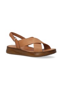 Braune Leder-Slingback-Sandale mit einem Kreuzband-Design, durchlosem Fußbett und einer strukturierten, flexiblen Sohle für Komfort.