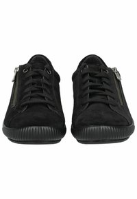 Black suede sneakers feature a lace-up front and a side zipper. The textured rubber sole has horizontal grooves for grip.