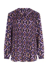 Long-sleeve blouse featuring a geometric pattern in purple, orange, and pink. Made of lightweight fabric with pleats along the bodice.