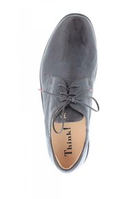 Grau Leder Schuh mit glatter Textur, runder Zehenpartie und Schnürdesign. Besitzt minimale Akzente und eine beige Innensohle mit "Think!"-Logo.