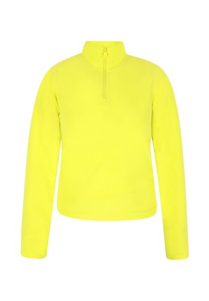 Lys gul pullover med lange ærmer og halv lynlås krave. Lavet af blødt, letvægtsmateriale med en glat tekstur og uden synlige mønstre.