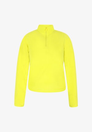 Lys gul pullover med lange ærmer og halv lynlås krave. Lavet af blødt, letvægtsmateriale med en glat tekstur og uden synlige mønstre.