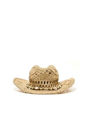 Woven straw cowboy hat with decorative band of seashells and beads around the base of the crown.