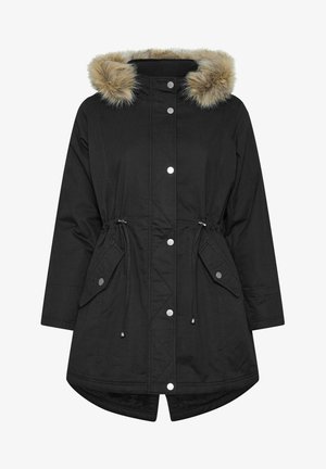 Czarna parka z kapturem z sztucznego futra, z pasem ze sznurkiem, bocznymi kieszeniami, zapięciem na napy i zaokrąglonym dołem. Teksturowana tkanina z detalami zewnętrznego szwu.