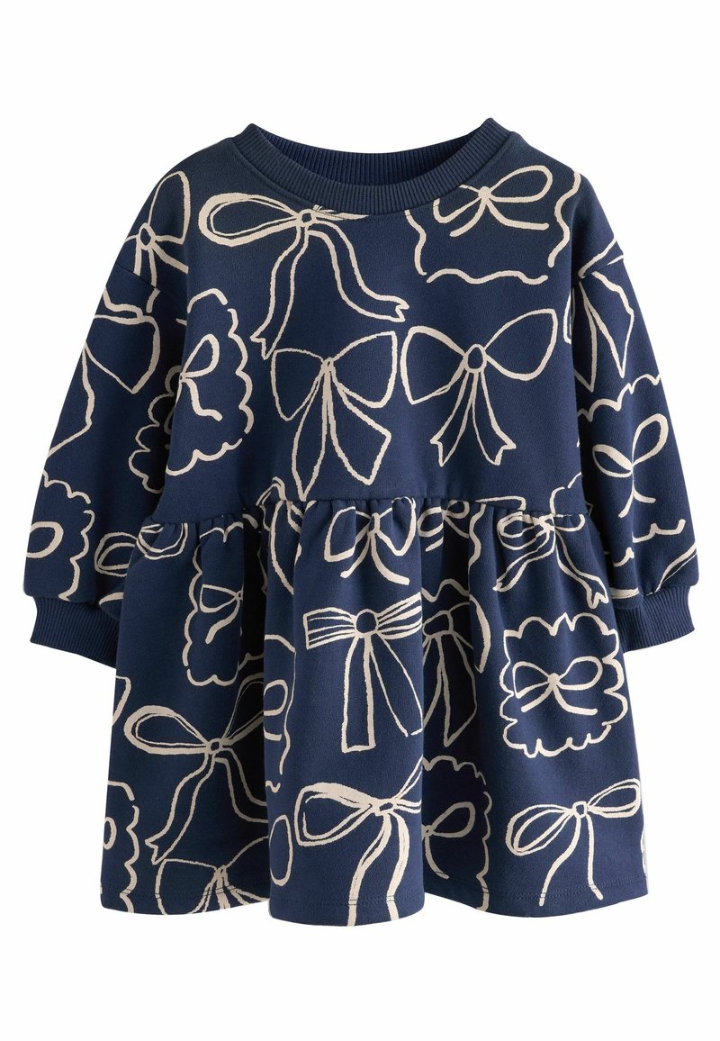 Robe bleu marine pour tout-petit avec manches longues, taille froncée, nœud beige et dessins floraux linéaires partout.