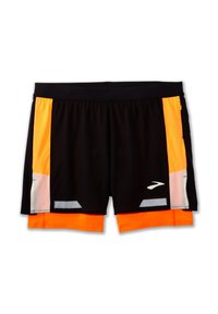 Svart sportshorts med orange detaljer, ett lagerdesign, mesh-textur och reflekterande inslag, med en logotyp framtill.