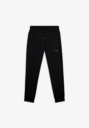 Pantalons de survêtement noirs avec une taille élastique, un cordon de serrage, des poches latérales et des poignets côtelés. Logo "FREDDY" en gris près de la poche gauche.