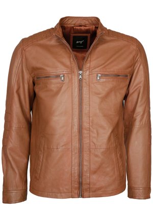 Braune Lederjacke mit Stehkragen, zwei Reißverschluss-Brusttaschen und Seitentaschen. Strukturierte Schultern mit Nahtdetails.