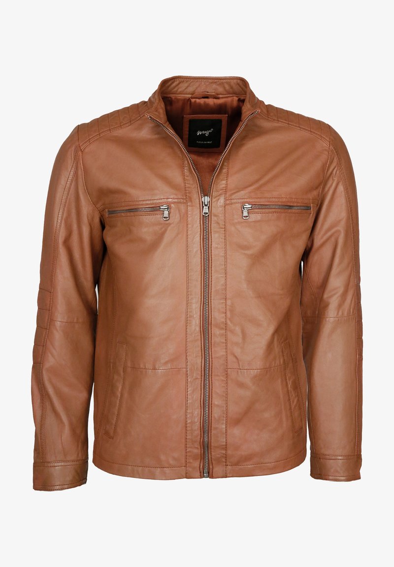 Braune Lederjacke mit Stehkragen, zwei Reißverschluss-Brusttaschen und Seitentaschen. Strukturierte Schultern mit Nahtdetails.