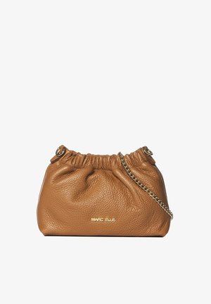 Brown leather handbag with a gathered design, gold-tone chain strap, and embossed logo on the front. Textured, soft finish.