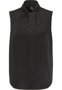 Blouse noire sans manches avec un col montant et un long lien à l'avant, fabriquée en tissu lisse et léger.