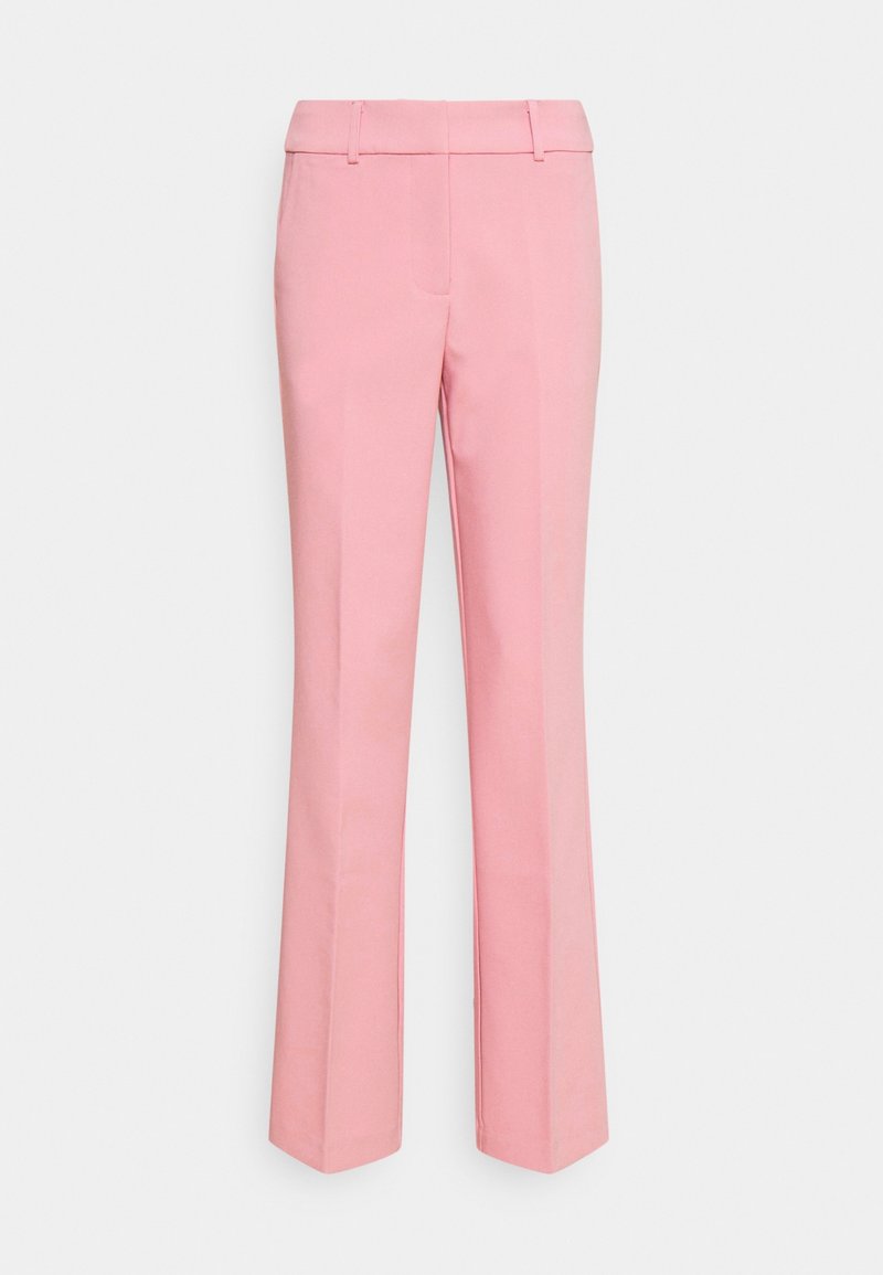 Pantalons rose, ajustés avec une coupe droite, texture lisse et une taille avec passants de ceinture ; sans poches visibles ni embellissements.